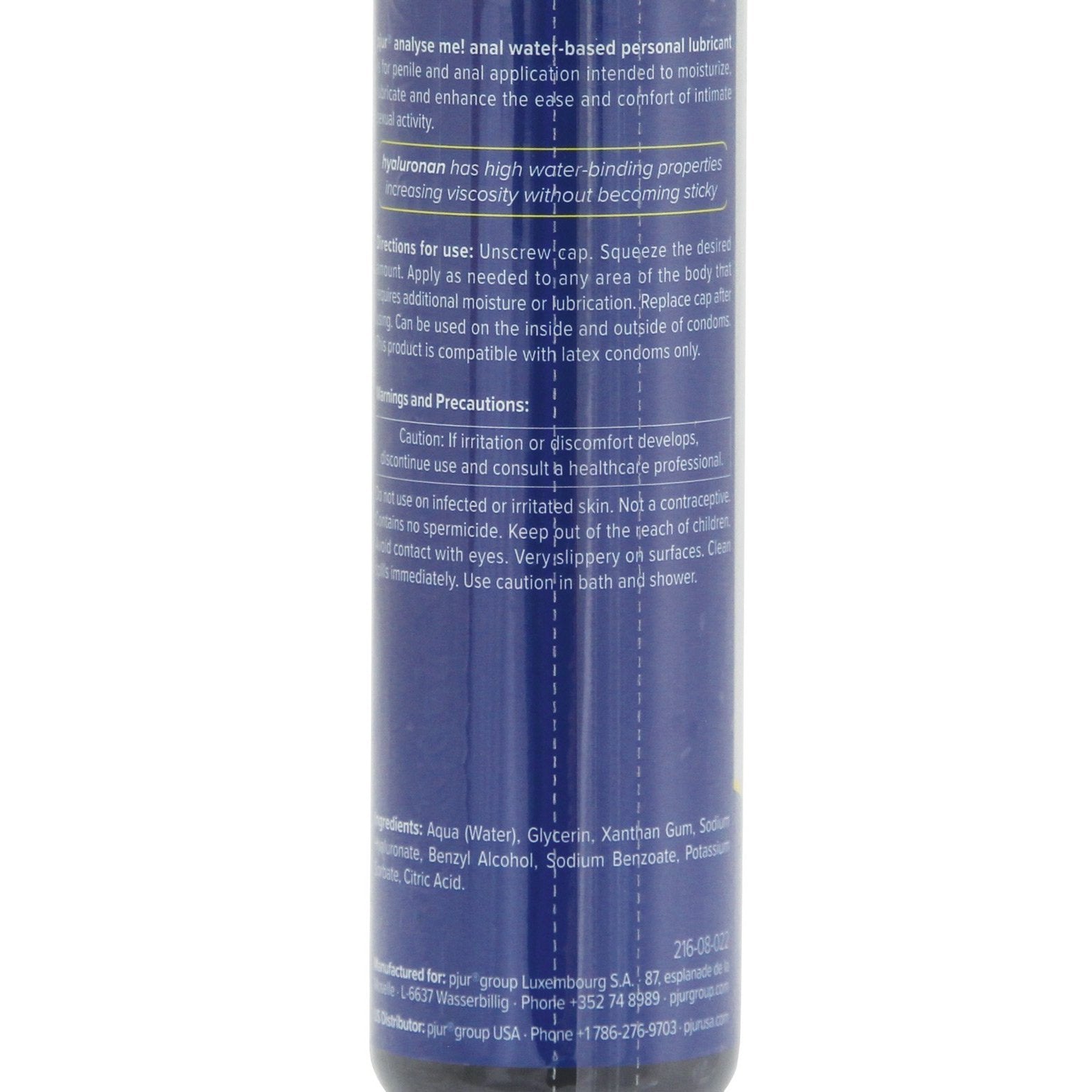 A close-up of the Pjur Analyse Me Water Based Personal Lubricant - 100ml label on a white background showcases usage instructions and warnings. The blue label with white text includes ingredients like hyaluronan for added comfort.