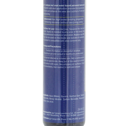 A close-up of the Pjur Analyse Me Water Based Personal Lubricant - 100ml label on a white background showcases usage instructions and warnings. The blue label with white text includes ingredients like hyaluronan for added comfort.