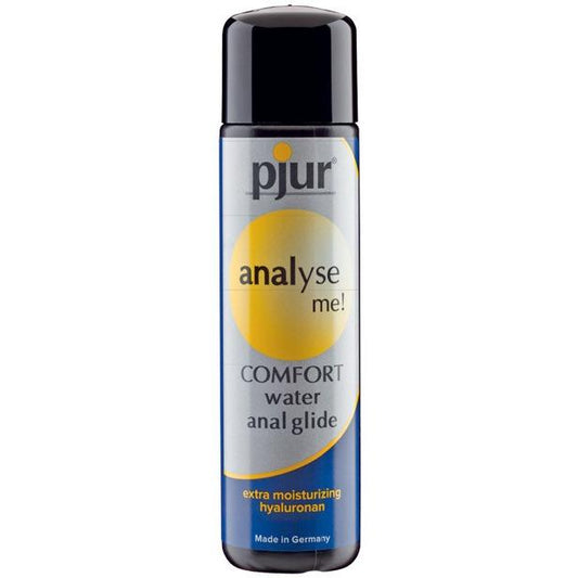 A 100ml bottle of Pjur Analyse Me Water Based Personal Lubricant with a black and yellow label highlights extra moisturizing hyaluronan, including Made in Germany at the bottom.