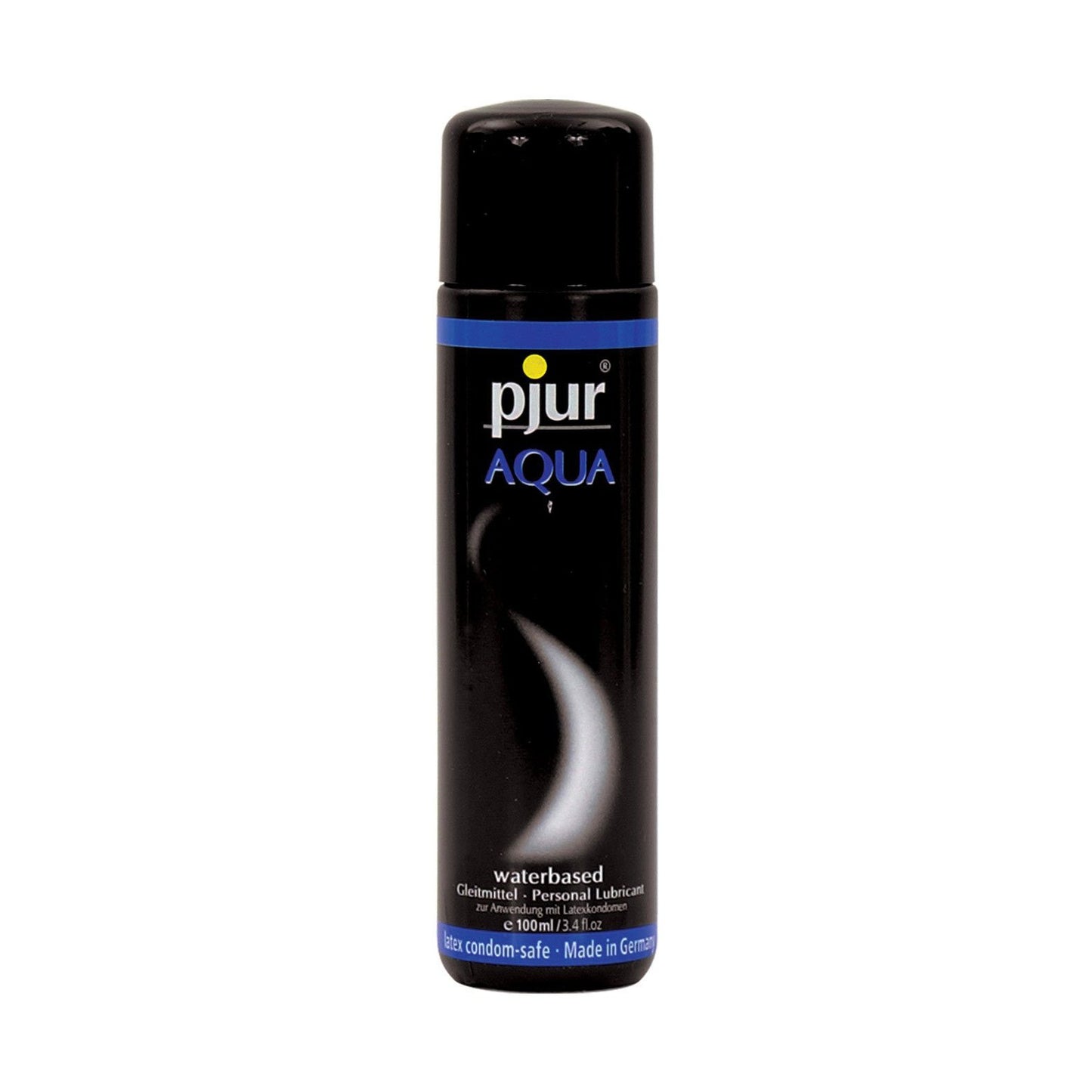 Pjur Aqua Personal Lubricant by Pjur is a black and blue cylindrical bottle of water-based lube, made with medical-grade ingredients. It has a spiral design, is condom-safe, non-allergenic, made in Germany, and comes in a 100 ml capacity.