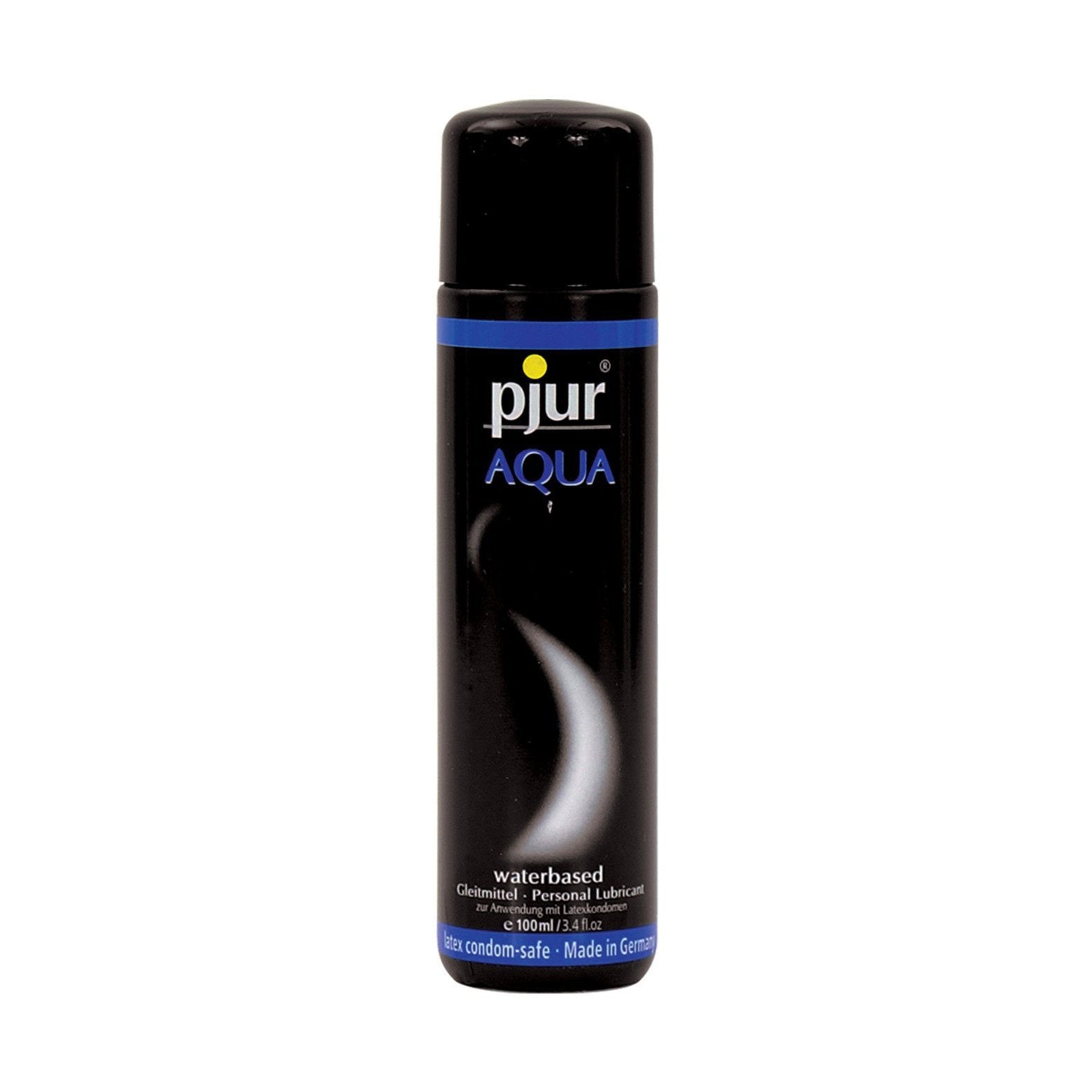 Pjur Aqua Personal Lubricant by Pjur is a black and blue cylindrical bottle of water-based lube, made with medical-grade ingredients. It has a spiral design, is condom-safe, non-allergenic, made in Germany, and comes in a 100 ml capacity.