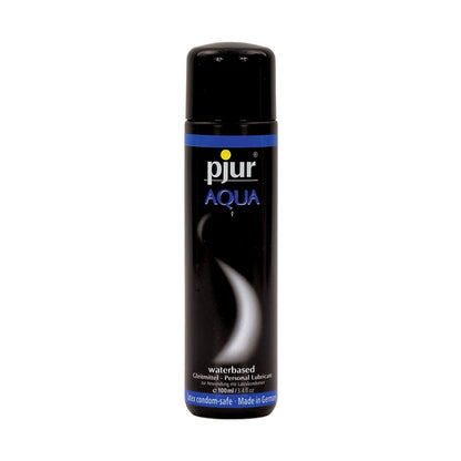 Pjur Aqua Personal Lubricant by Pjur is a black and blue cylindrical bottle of water-based lube, made with medical-grade ingredients. It has a spiral design, is condom-safe, non-allergenic, made in Germany, and comes in a 100 ml capacity.
