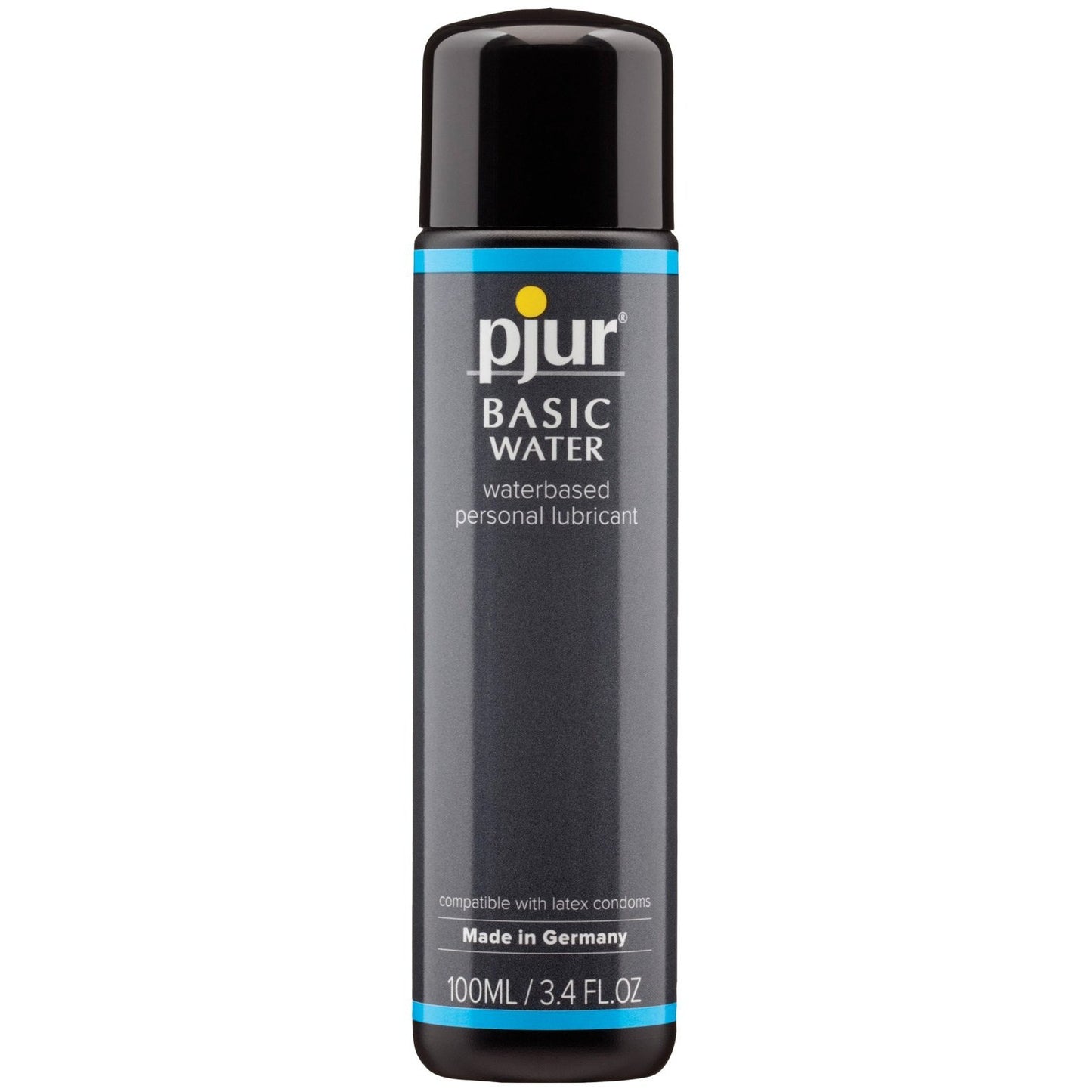 A black cylindrical 100ml bottle of Pjur Basic Water Based Lubricant, featuring a blue and black label. Made in Germany with medical-grade ingredients, its non-allergenic and latex condom compatible.