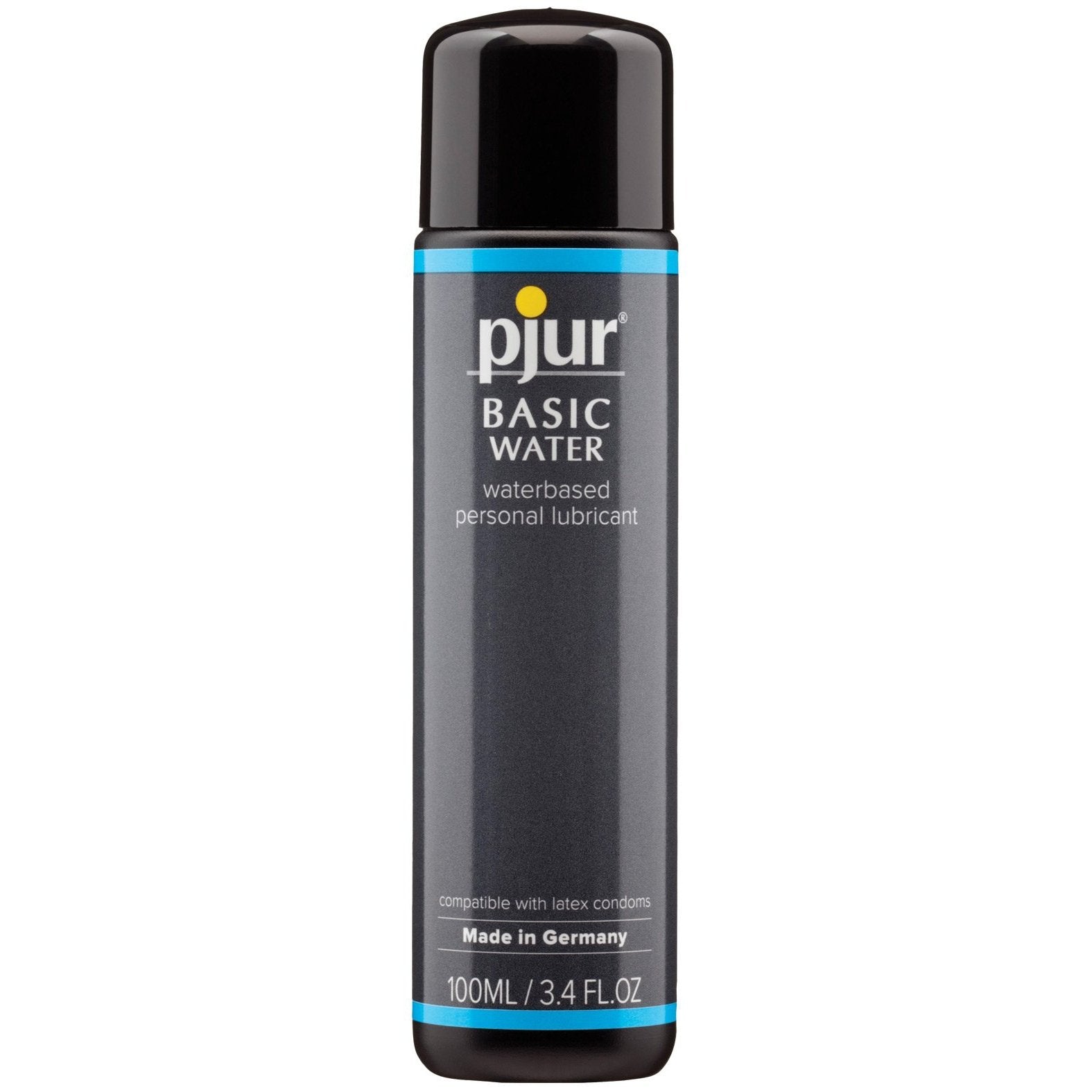 A black cylindrical 100ml bottle of Pjur Basic Water Based Lubricant, featuring a blue and black label. Made in Germany with medical-grade ingredients, its non-allergenic and latex condom compatible.
