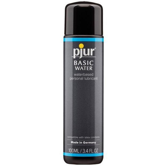 The Pjur Basic Water Based Lubricant, featuring medical-grade ingredients and a label confirming latex condom compatibility, is presented. This 100ml (3.4 fl oz) bottle is made in Germany and showcases a sleek black and blue design.
