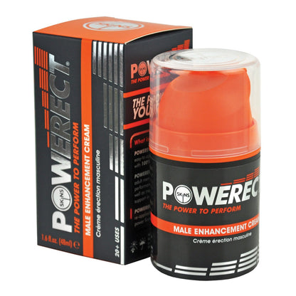 The image displays a box and bottle of Powerect Arousal Cream - 48 ml Pump, showcasing Adams Toy Box brand. The sleek black and orange packaging highlights its purpose, usage, and natural ingredients aimed at enhancing sexual performance.