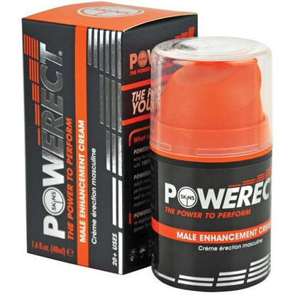 The image displays a box and a 48 ml pump bottle of Powerect Arousal Cream by Adams Toy Box, featuring black and orange packaging. The phrase The Power to Perform highlights its role in enhancing sexual performance with natural ingredients.