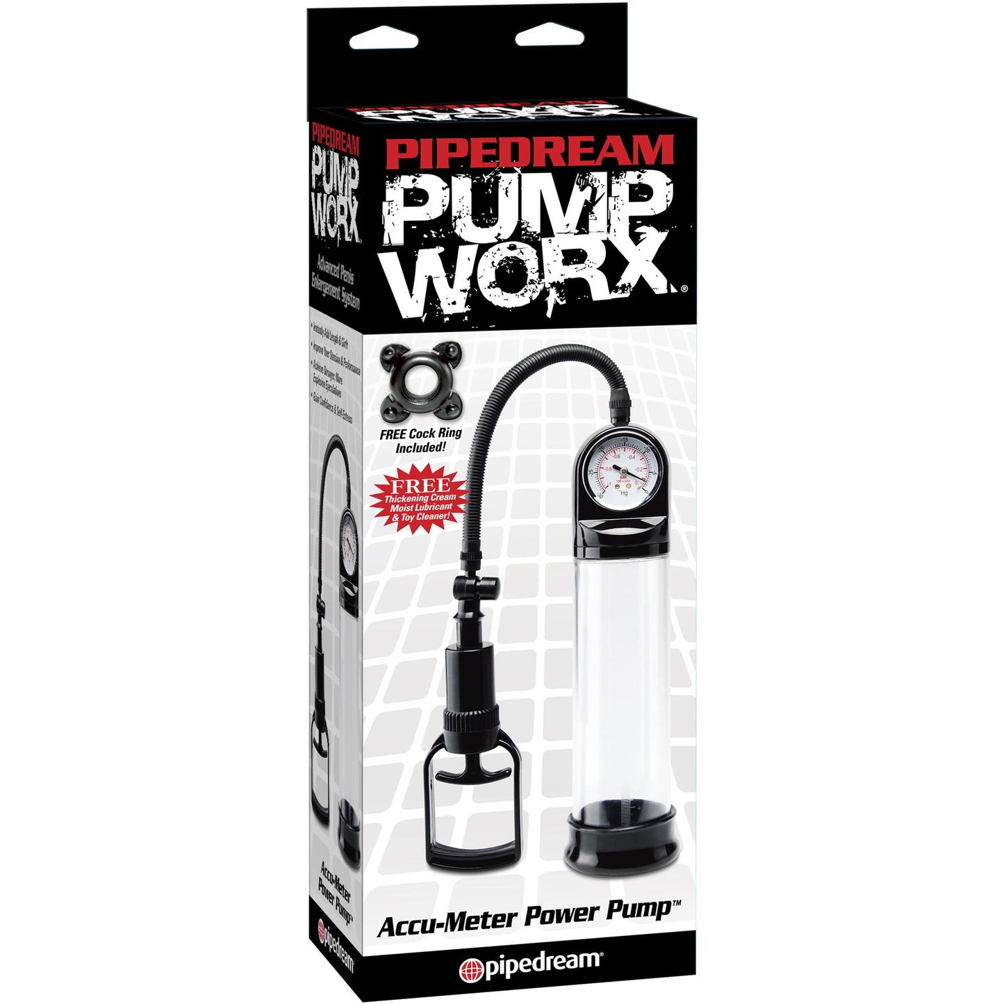 The packaging of the Pipedream Pump Worx Accu-Meter Power Pump features an image of the pump system with its gauge and tubing, highlighting its vacuum pressure capabilities, alongside a note about a free cock ring included.