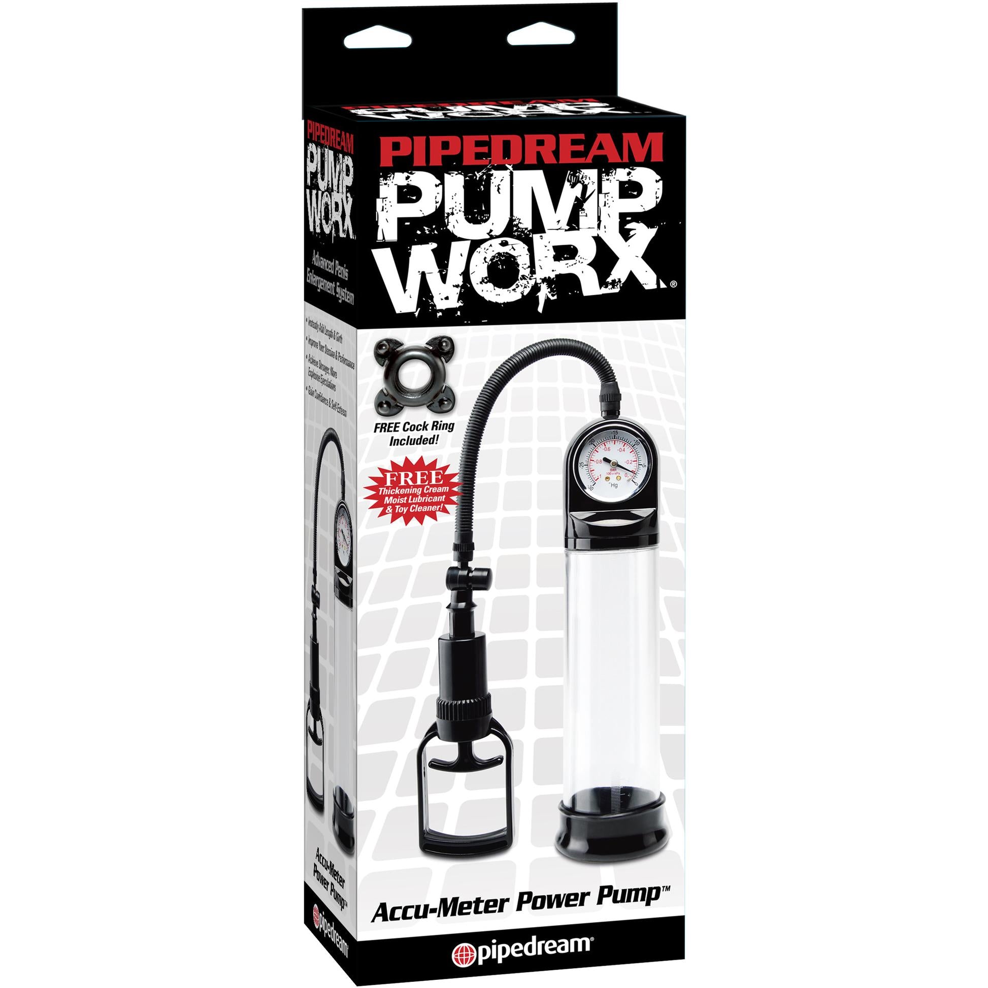 The packaging of the Pipedream Pump Worx Accu-Meter Power Pump features an image of the pump system with its gauge and tubing, highlighting its vacuum pressure capabilities, alongside a note about a free cock ring included.