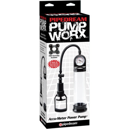 The packaging of the Pipedream Pump Worx Accu-Meter Power Pump features an image of the pump system with its gauge and tubing, highlighting its vacuum pressure capabilities, alongside a note about a free cock ring included.