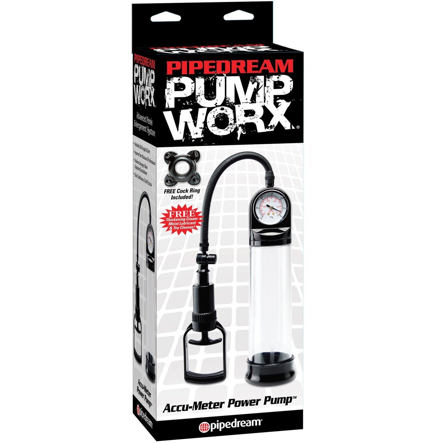 Box of Pipedreams Pump Worx Accu-Meter Power Pump features an advanced pump system with a clear cylinder and black accents. The packaging highlights the vacuum pressure gauge, includes a cock ring, and showcases branding and product images.