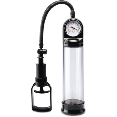Pump Worx Accu-Meter Power Pump: clear cylinder with a vacuum gauge on top, black trigger handle with release valve, black hose and a black seal at the open end.