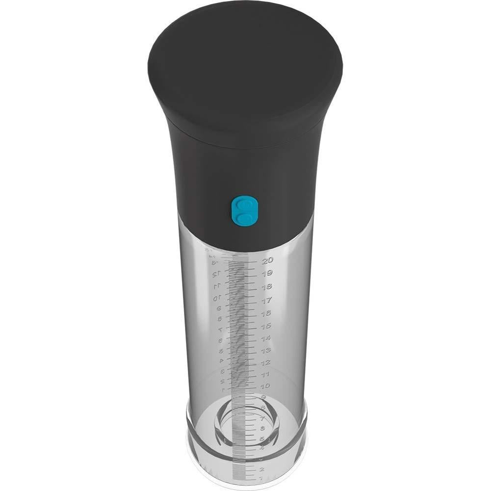The Pump Worx Deluxe Auto Vac Penis Pump by Adams Toy Box is a clear plastic cylinder with a black top and teal button. It features measurement markings on the side, a powerful motor for long-lasting performance, and a clear base for easy viewing through the bottom.