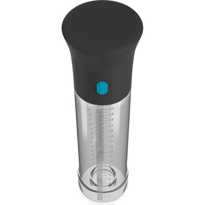 The Pump Worx Deluxe Auto Vac Penis Pump by Adams Toy Box is a clear plastic cylinder with a black top and teal button. It features measurement markings on the side, a powerful motor for long-lasting performance, and a clear base for easy viewing through the bottom.