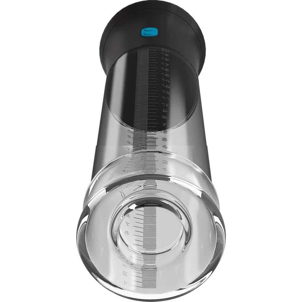 A close-up of the Pump Worx Deluxe Auto Vac Penis Pump by Adams Toy Box, featuring a transparent cylindrical design with measurement markings, a black cap, and a blue button. Made from glass or plastic, it has a powerful motor for long-lasting erections.