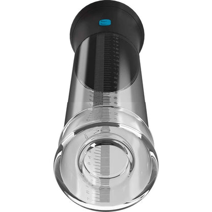 A close-up of the Pump Worx Deluxe Auto Vac Penis Pump by Adams Toy Box, featuring a transparent cylindrical design with measurement markings, a black cap, and a blue button. Made from glass or plastic, it has a powerful motor for long-lasting erections.