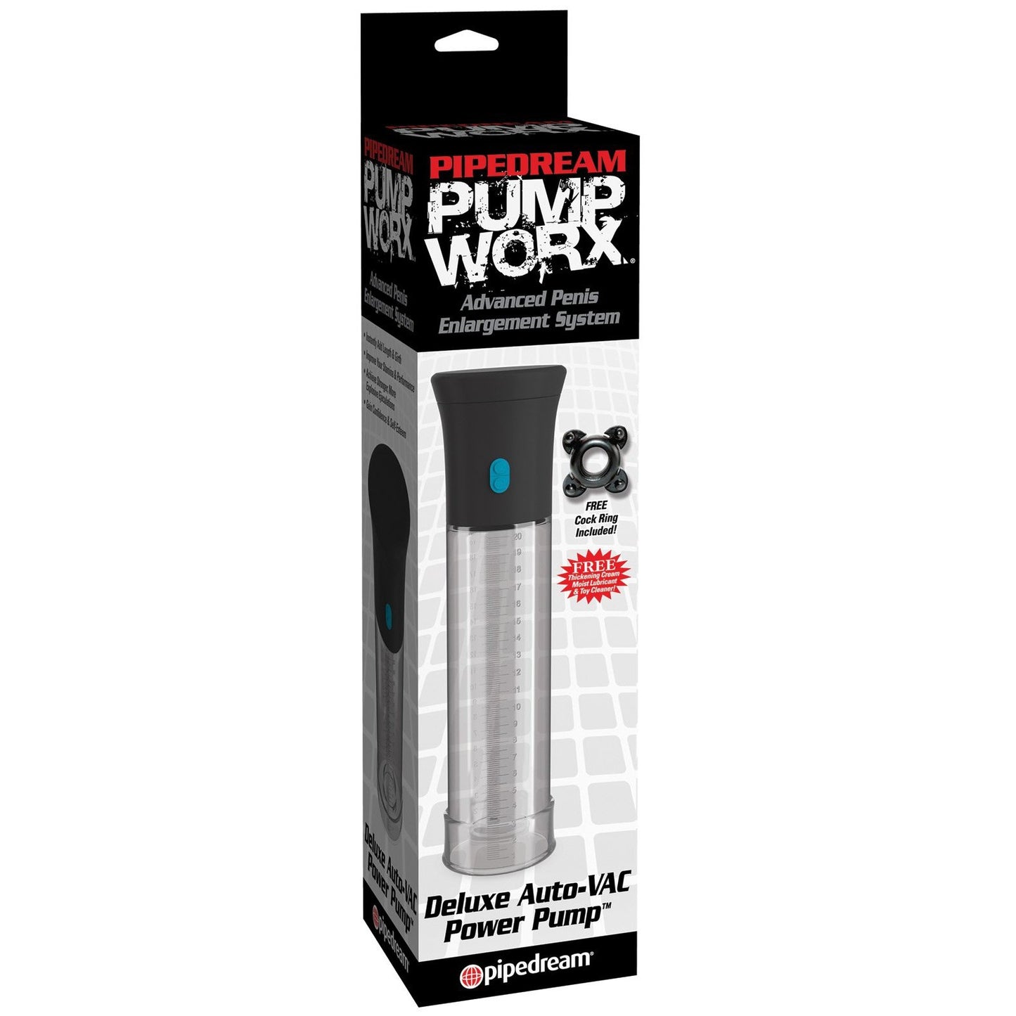 The packaging for Adams Toy Box Pump Worx Deluxe Auto Vac Penis Pump features an advanced enlargement system with a powerful motor and includes a free silicone cock ring to enhance endurance.
