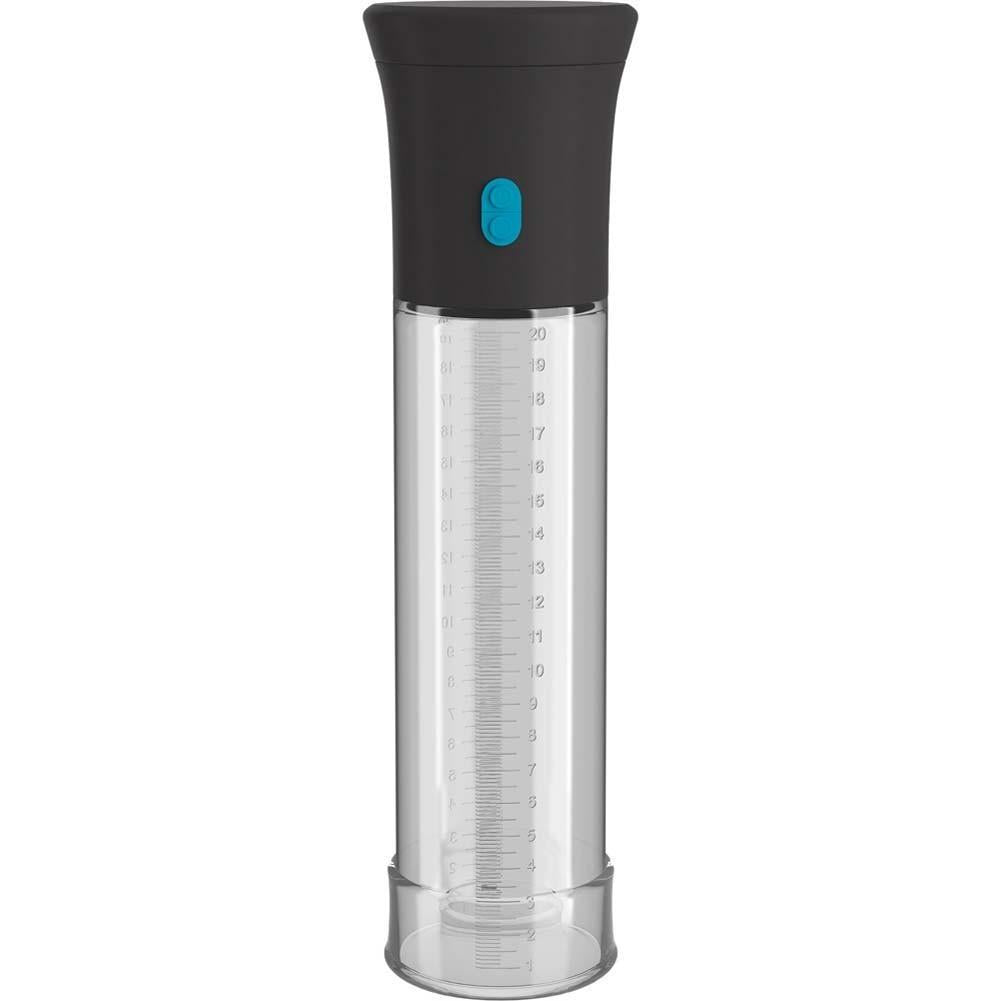 The Adams Toy Box Pump Worx Deluxe Auto Vac Penis Pump features a clear cylindrical container with black top and bottom sections, measurement markings in milliliters and ounces, and a deluxe design with a small blue button, integrating seamlessly for precision use.