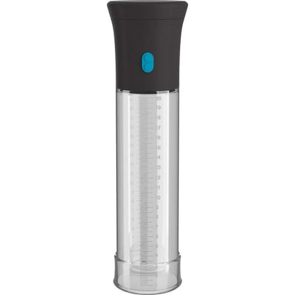 The Adams Toy Box Pump Worx Deluxe Auto Vac Penis Pump features a clear cylindrical container with black top and bottom sections, measurement markings in milliliters and ounces, and a deluxe design with a small blue button, integrating seamlessly for precision use.