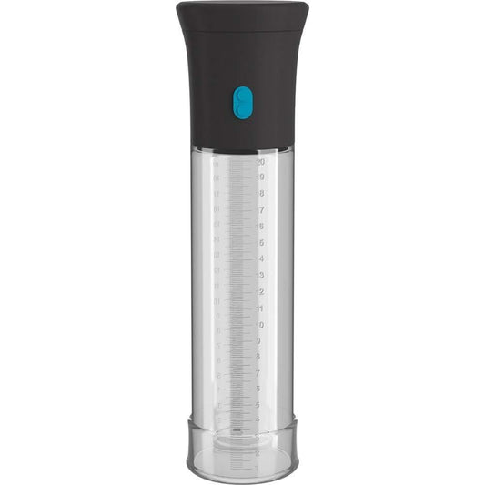 The Adams Toy Box Pump Worx Deluxe Auto Vac Penis Pump features a clear cylindrical container with black top and bottom sections, measurement markings in milliliters and ounces, and a deluxe design with a small blue button, integrating seamlessly for precision use.