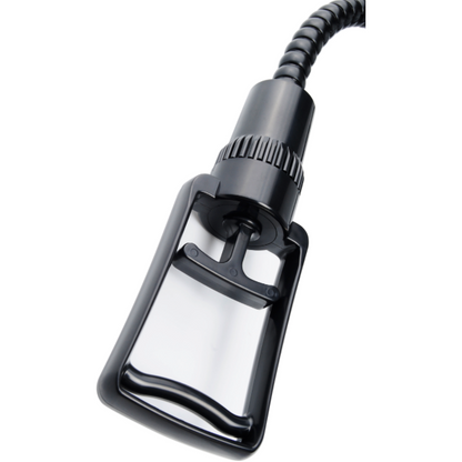 The Pump Worx Max Width Penis Enlarger by Adams Toy Box features a black hose attachment with a plastic nozzle and a flexible ribbed hose, resembling innovative vacuuming tools yet designed to promote increased penis size and harder erections.