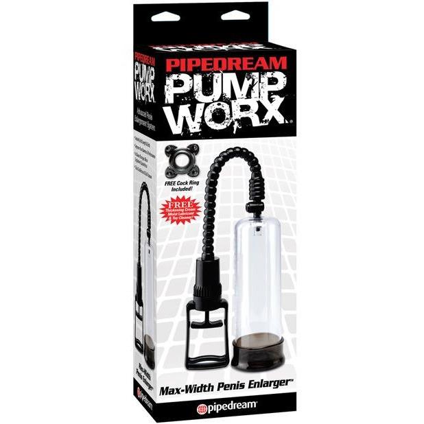 The image shows a box for the Adams Toy Box Pump Worx Max Width Penis Enlarger, highlighting its promise of increasing penis size. It features a clear cylindrical pump, black base, flexible tube, and includes a free cock ring for harder erections.