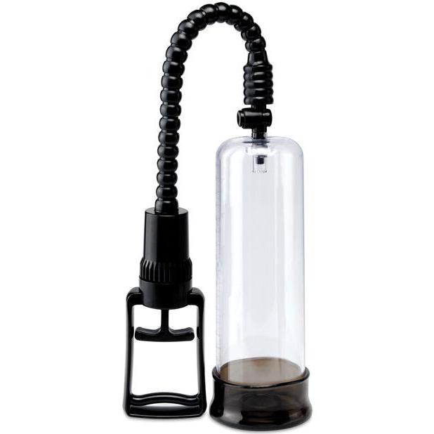The Pump Worx Max Width Penis Enlarger by Adams Toy Box is a clear cylindrical pump with a black base and flexible hose, designed to enhance penis size and hardness with regular use.
