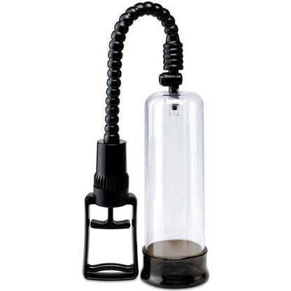 The Pump Worx Max Width Penis Enlarger by Adams Toy Box is a clear cylindrical pump with a black base and flexible hose, designed to enhance penis size and hardness with regular use.