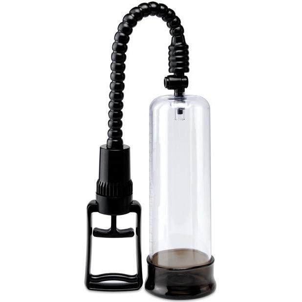 The Pump Worx Max Width Penis Enlarger by Adams Toy Box is a transparent cylindrical device featuring a flexible black ribbed hose with a handheld grip and dark base. Designed to enhance suction for improved erection hardness, it serves as an effective penis enlarger.
