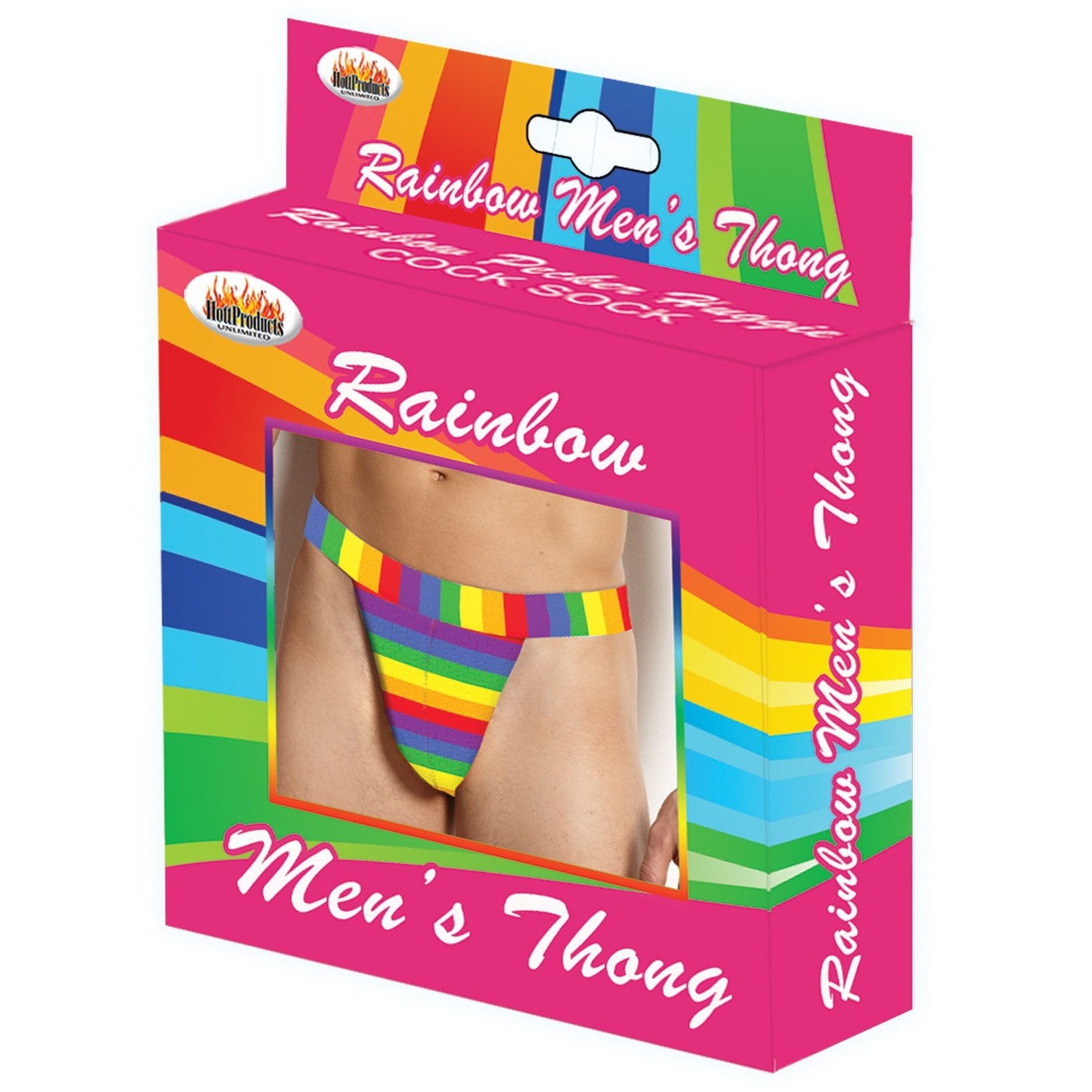 The Rainbow Mens Thong from Adams Toy Box features a vibrant rainbow stripe design and comes in colorful packaging with a pink background and bold white text.