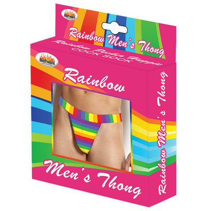 The Rainbow Mens Thong from Adams Toy Box features a vibrant rainbow stripe design and comes in colorful packaging with a pink background and bold white text.