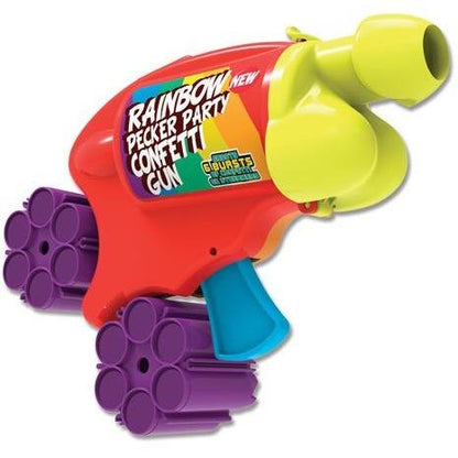 The Rainbow Pecker Party Confetti Gun by Adams Toy Box has a bold yellow and red design, with a blue trigger and purple barrels, perfect for launching colorful bursts at your party.