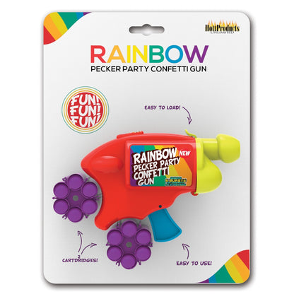 Adams Toy Box presents the Rainbow Pecker Party Confetti Gun, a vibrant toy with eye-catching packaging. Displaying Fun! Fun! Fun! and cartridge images, its perfect for unleashing joy at any celebration.