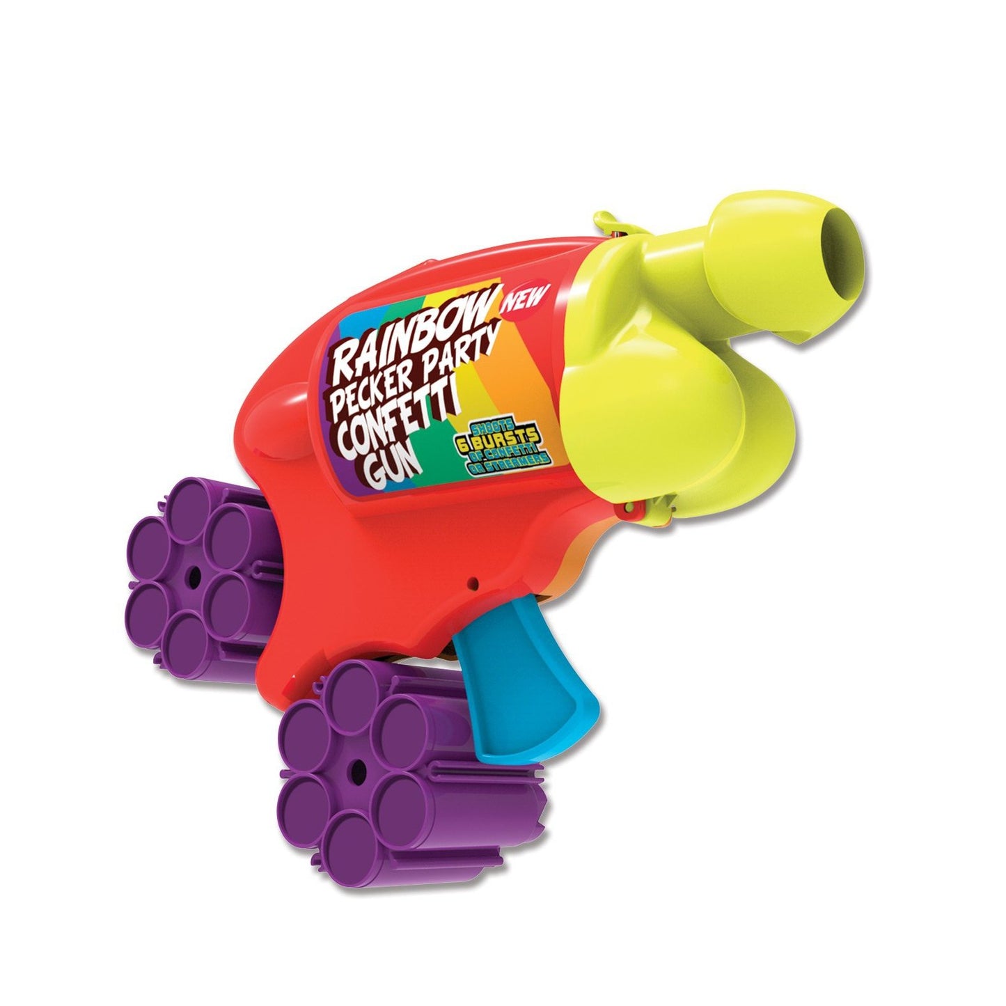 The Rainbow Pecker Party Confetti Gun by Adams Toy Box boasts vibrant red, yellow, and purple components with multiple confetti barrels, a sleek blue trigger, and proudly sports the Rainbow Pecker Party label. This lively accessory is perfect for adding joy to any celebration.