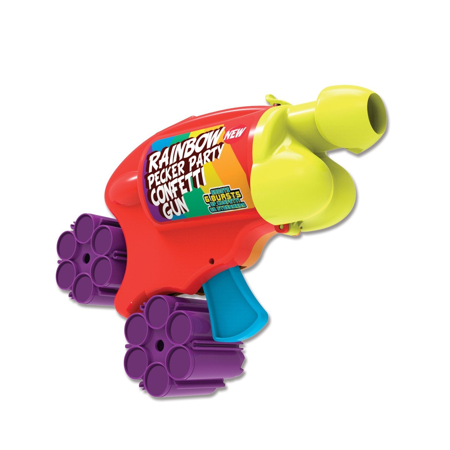 The Rainbow Pecker Party Confetti Gun by Adams Toy Box boasts vibrant red, yellow, and purple components with multiple confetti barrels, a sleek blue trigger, and proudly sports the Rainbow Pecker Party label. This lively accessory is perfect for adding joy to any celebration.