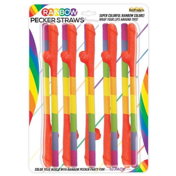 The Rainbow Pecker Straws by Adams Toy Box sport a vibrant design, perfect for parties. These multicolored straws have striking red sections for Dicky Cock-Tail Sipping, with each pack of 10 including descriptive text about the product.