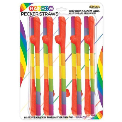 The Rainbow Pecker Straws by Adams Toy Box sport a vibrant design, perfect for parties. These multicolored straws have striking red sections for Dicky Cock-Tail Sipping, with each pack of 10 including descriptive text about the product.