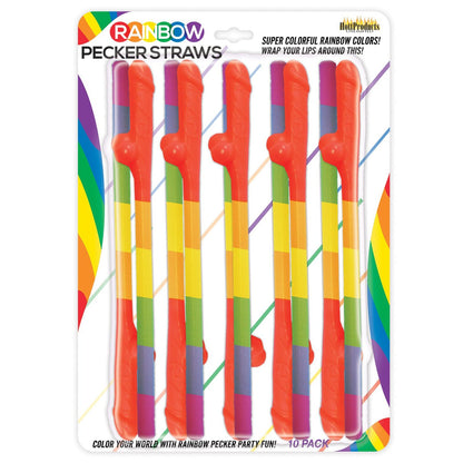 The image shows a pack of 10 Rainbow Pecker Straws by Adams Toy Box, perfect for parties. These multicolored straws have a humorous design, with vibrant striped packaging and playful text.