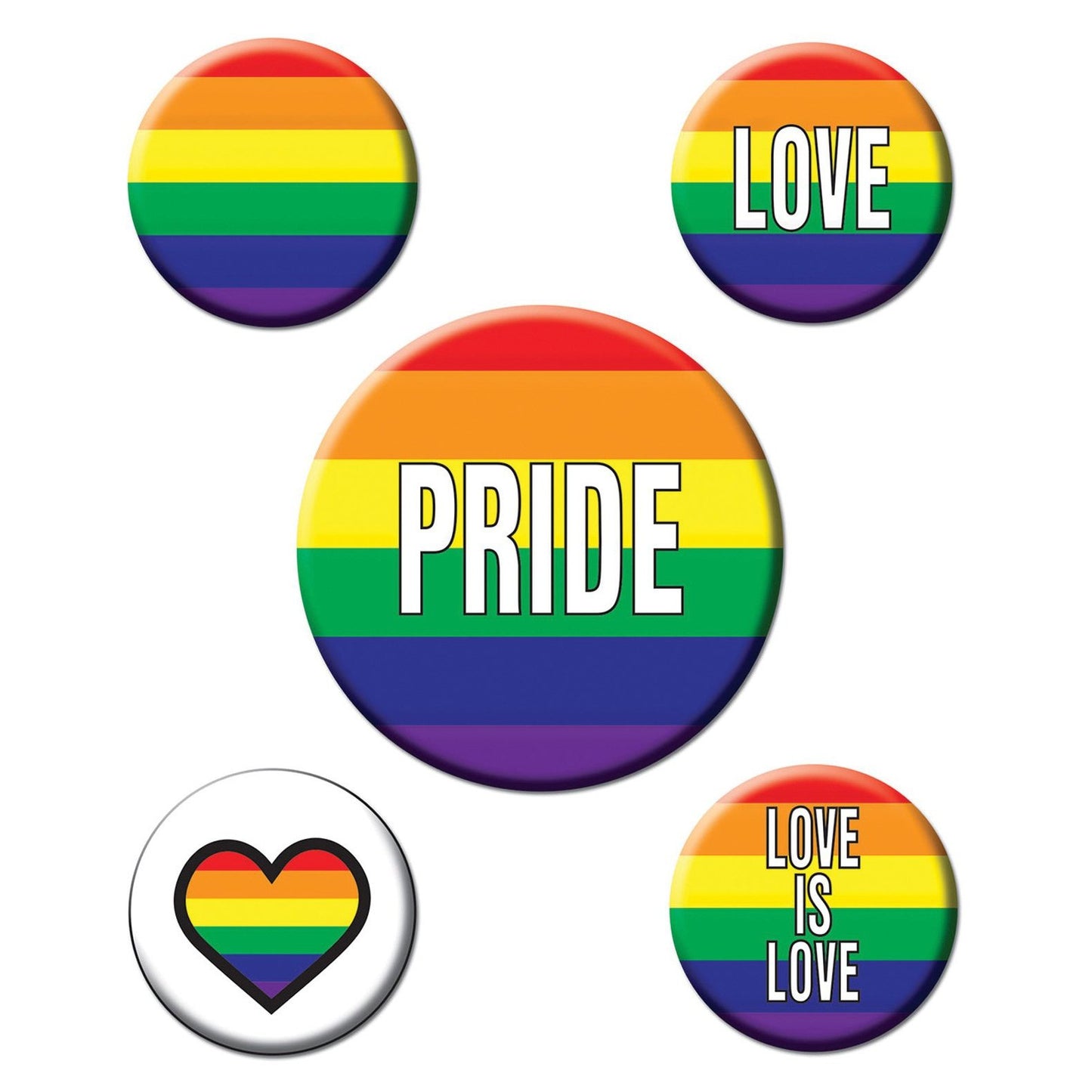 The Rainbow Party Buttons by Adams Toy Box include five buttons featuring rainbow pride colors. The largest says PRIDE, and the others display LOVE, LOVE IS LOVE, and a heart with rainbow stripes.