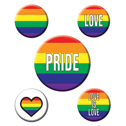 The Rainbow Party Buttons by Adams Toy Box include five buttons featuring rainbow pride colors. The largest says PRIDE, and the others display LOVE, LOVE IS LOVE, and a heart with rainbow stripes.