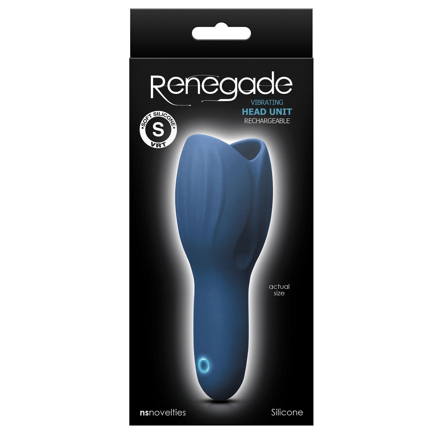 The image shows the packaging of NS Novelties blue Renegade Head Unit vibrating head. Made from silicone VRT, its rechargeable and marked as actual size. The box has a black background with white text and a circular logo showcasing its material.
