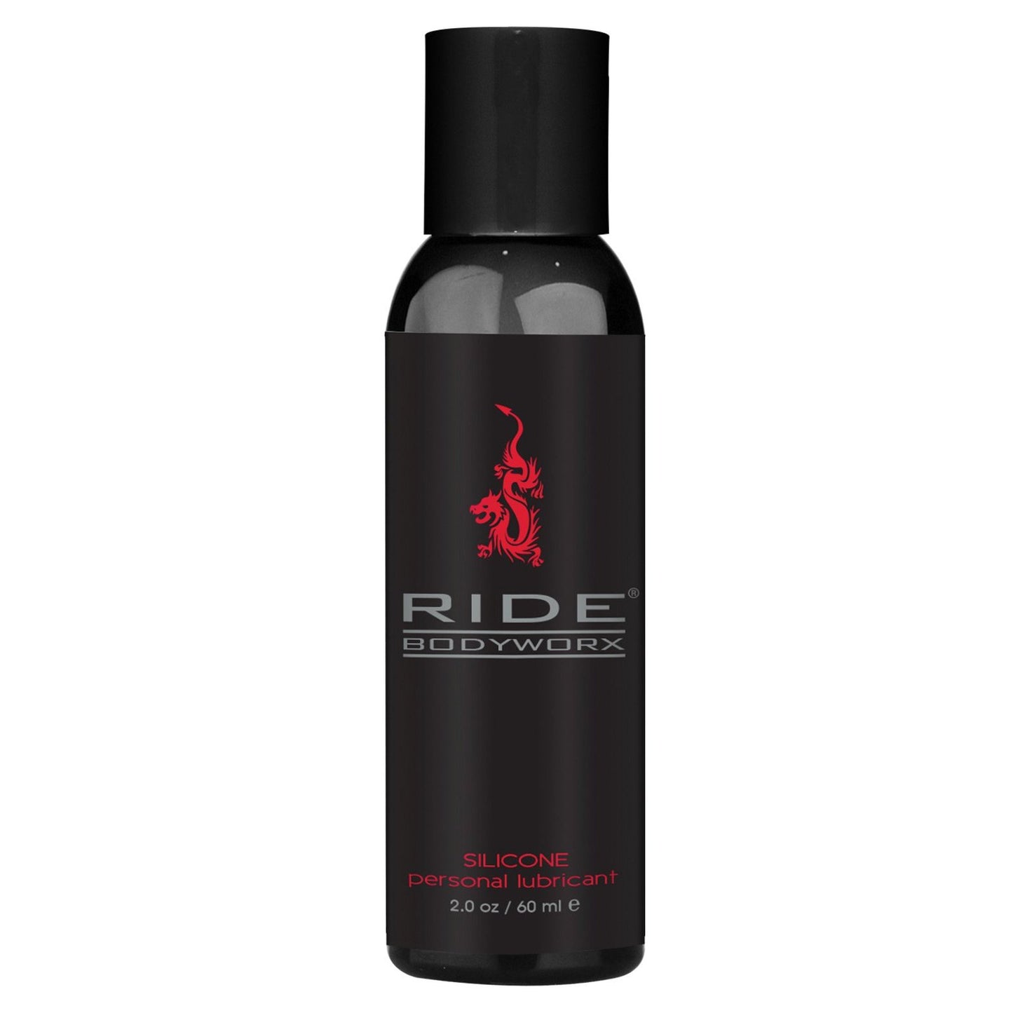 A black 2 oz (60 ml) bottle from Adams Toy Box features Ride BodyWorx in red with a dragon, offering a body-safe and waterproof silicone lubricant for a silky-smooth experience.