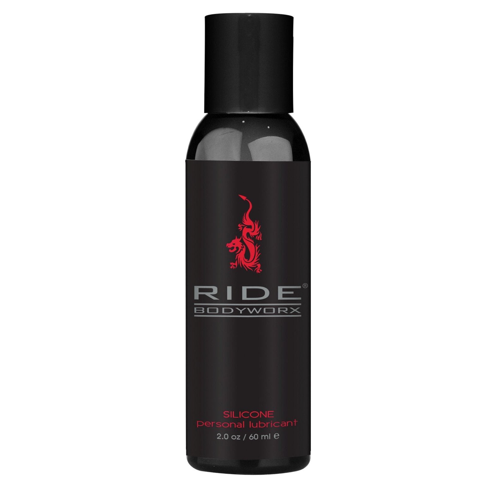 A black 2 oz (60 ml) bottle from Adams Toy Box features Ride BodyWorx in red with a dragon, offering a body-safe and waterproof silicone lubricant for a silky-smooth experience.