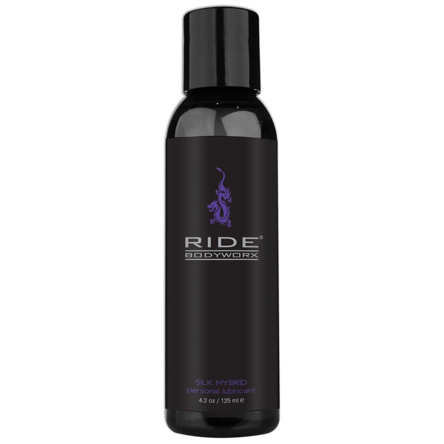 A 4.2 oz (125 ml) black bottle of Adams Toy Box Ride BodyWorx Silk Hybrid Lubricant features a sleek design and purple logo, offering a body-safe, long-lasting smooth experience.