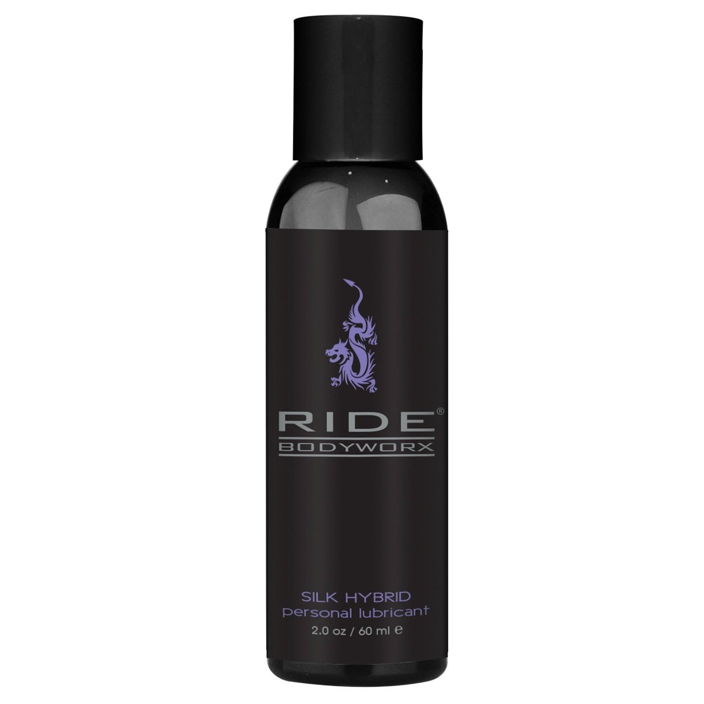 A 2.0 oz / 60 ml black bottle of Ride BodyWorx Silk Hybrid Lubricant from Adams Toy Box features a stylized dragon graphic and white and purple text, promising a long-lasting, body-safe hybrid lube experience.