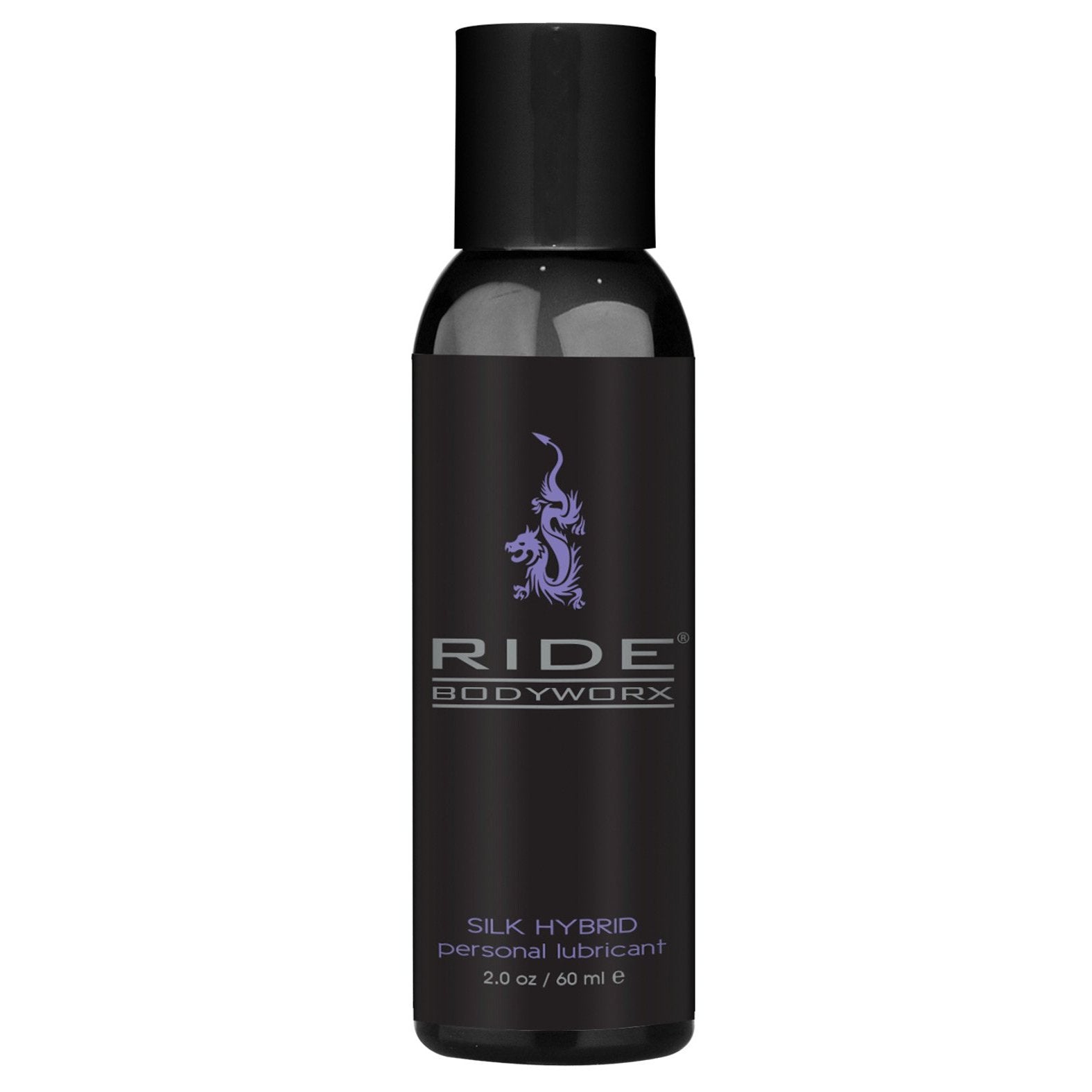 A 2.0 oz / 60 ml black bottle of Ride BodyWorx Silk Hybrid Lubricant from Adams Toy Box features a stylized dragon graphic and white and purple text, promising a long-lasting, body-safe hybrid lube experience.