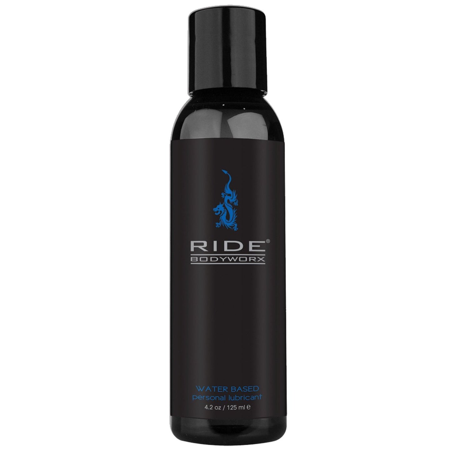 The sleek black bottle of Ride BodyWorx Water Based Lubricant by Ride Rocco features a blue logo. This 4.2 oz (125 ml) product enhances comfort and pleasure with its superior glide.