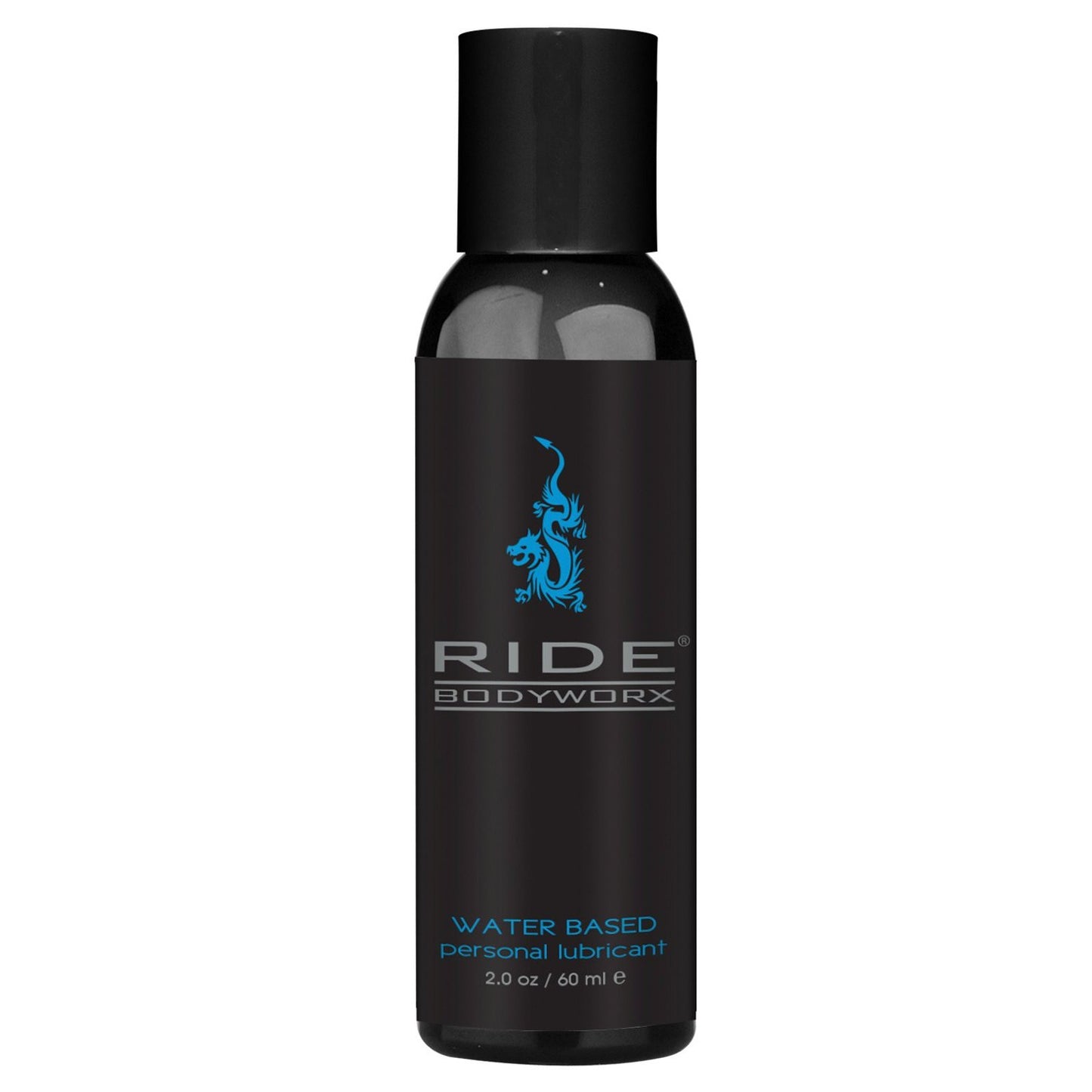 The sleek Ride Rocco BodyWorx Water Based Lubricant comes in a black 2.0 oz (60 ml) bottle with a vibrant blue logo, offering superior glide enhanced by seaweed extracts for smooth, luxurious experiences anytime.