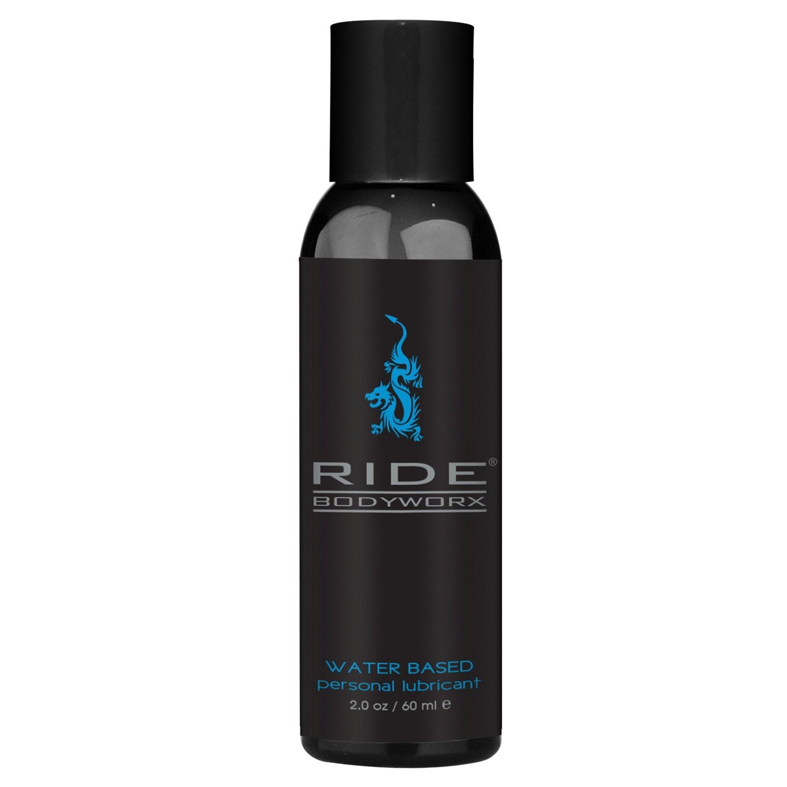 The sleek Ride Rocco BodyWorx Water Based Lubricant comes in a black 2.0 oz (60 ml) bottle with a vibrant blue logo, offering superior glide enhanced by seaweed extracts for smooth, luxurious experiences anytime.