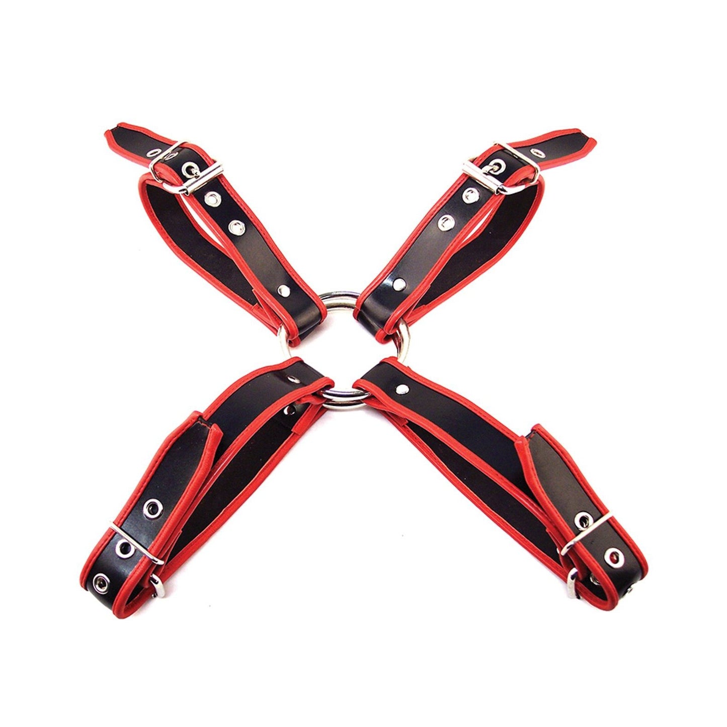 The Adams Toy Box Rouge Chest Harness is made from black and red leather with four adjustable straps linked by a central metal ring. It features metallic snap buttons and forms an enticing X-shape, ideal for those delving into BDSM fashion.
